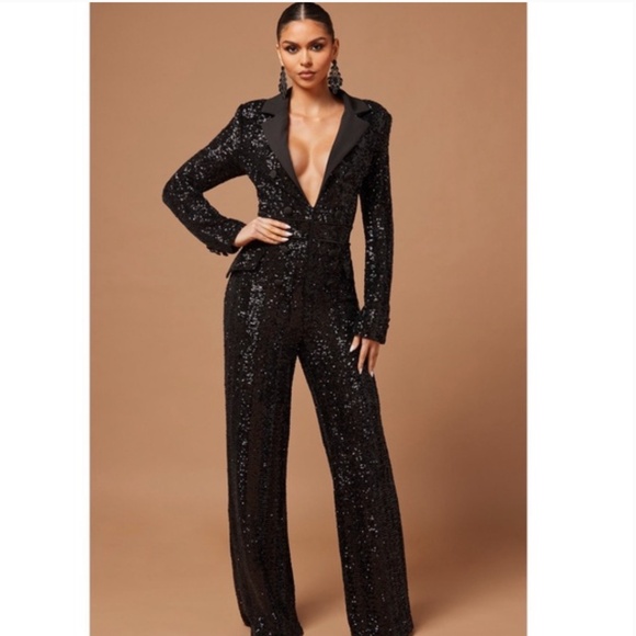 Fashion nova black sequence jumpsuit - Picture 1 of 8